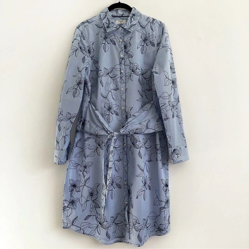 Untuckit Shirt Dress Size 2 Blue Lily Stripe Floral Long Sleeve Belted Cotton